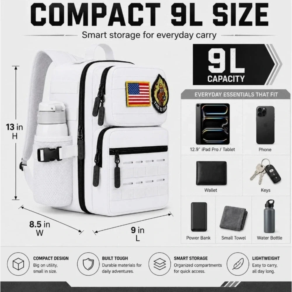 FlipFit Mini Backpack Unisex 9L White Tactical MOLLE Water Resistant